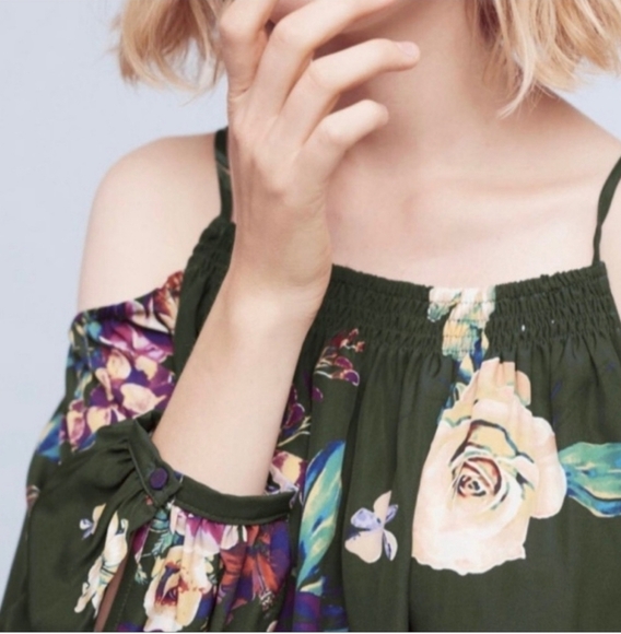 Anthropologie Maeve Tallie Green Floral Silk Open Shoulder Top Size Small - Picture 3 of 9
